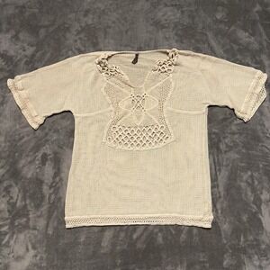 XCVI Sweater Womens Medium Beige Crochet Mesh Knit Short Sleeve Boho Cotton Top